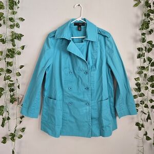 Vintage Venezia Womens 18/20 Blue Mid Length Double Breasted Trench Coat Stretch